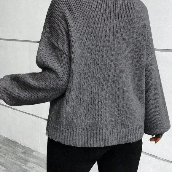 Grey Casual Women's Plus Size High Neck Loose Button Cape Warm Pullover Sweater - Picture 2 of 7